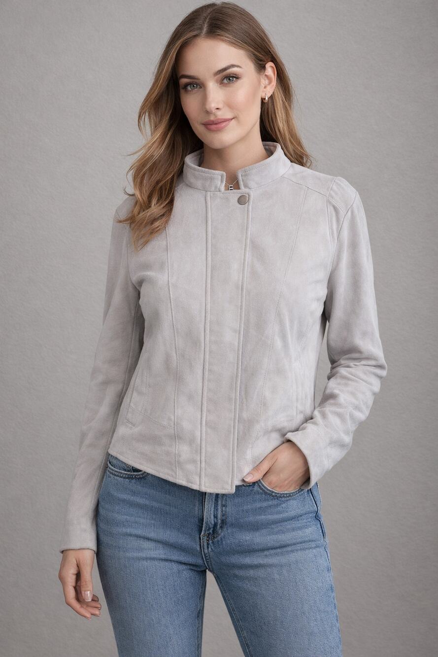 Women's Maurices Faux Suede Soft Moto Zip Lightweight Jacket Pockets Gray Sz L